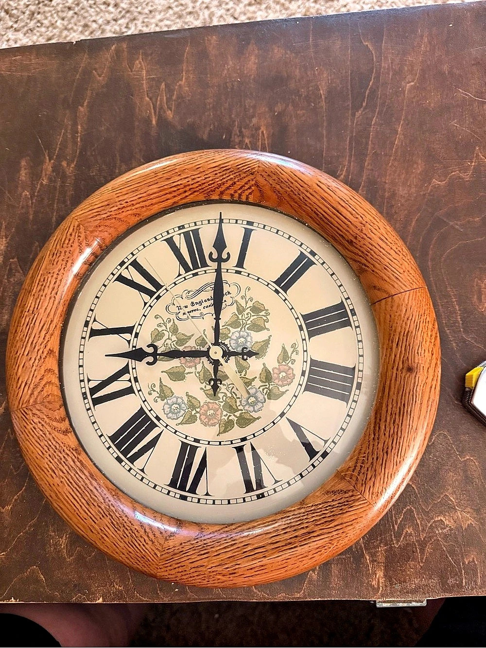 New England Clock Co. Floral Wood Wall Clock Brown & Cream vintage